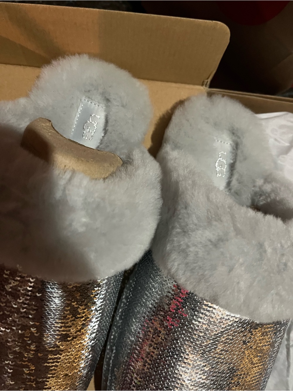 UGG Silver Sequin Faux-Fur Slip-On Slippers 8 - Picture 3 of 5